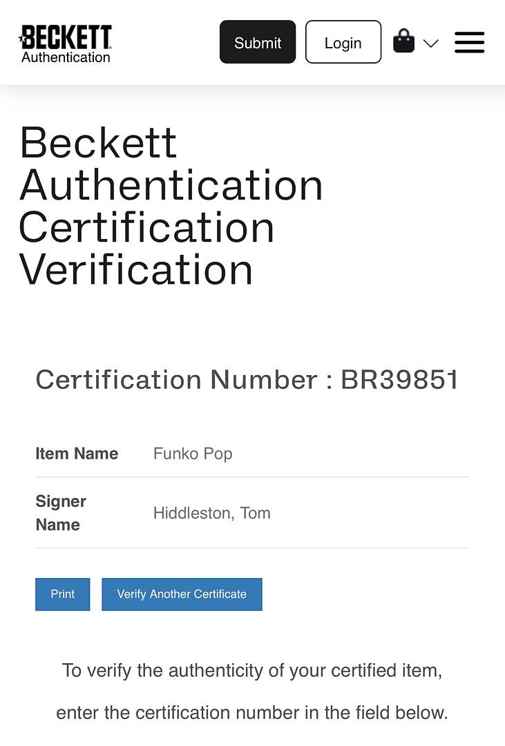 Tom Hiddleston Signed Funko Pop #1312 "Loki" Marvel - Beckett COA