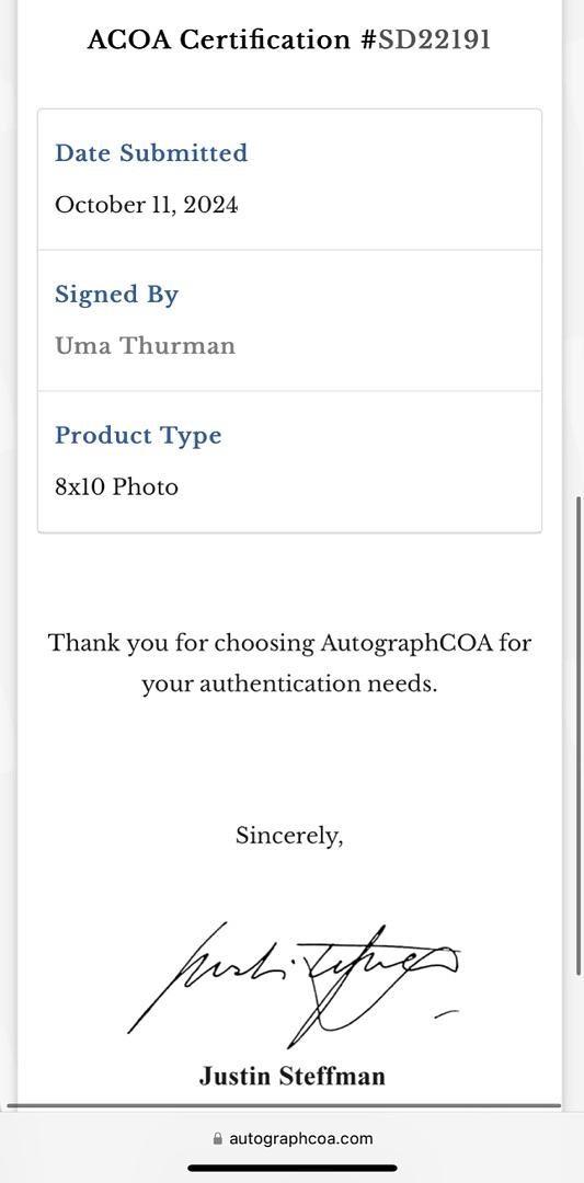 Uma Thurman Signed 8x10 Photo (Pulp Fiction) - ACOA