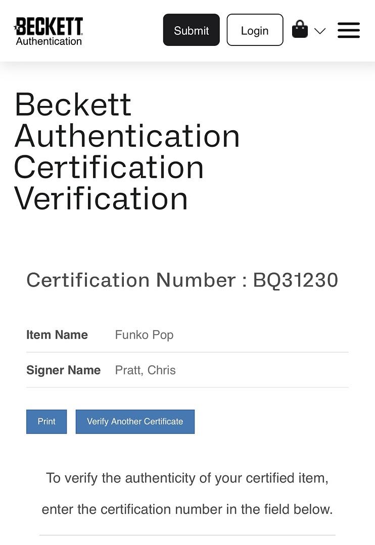 Chris Pratt Signed Funko Pop #198 "Star Lord" GOTG - Beckett COA #02