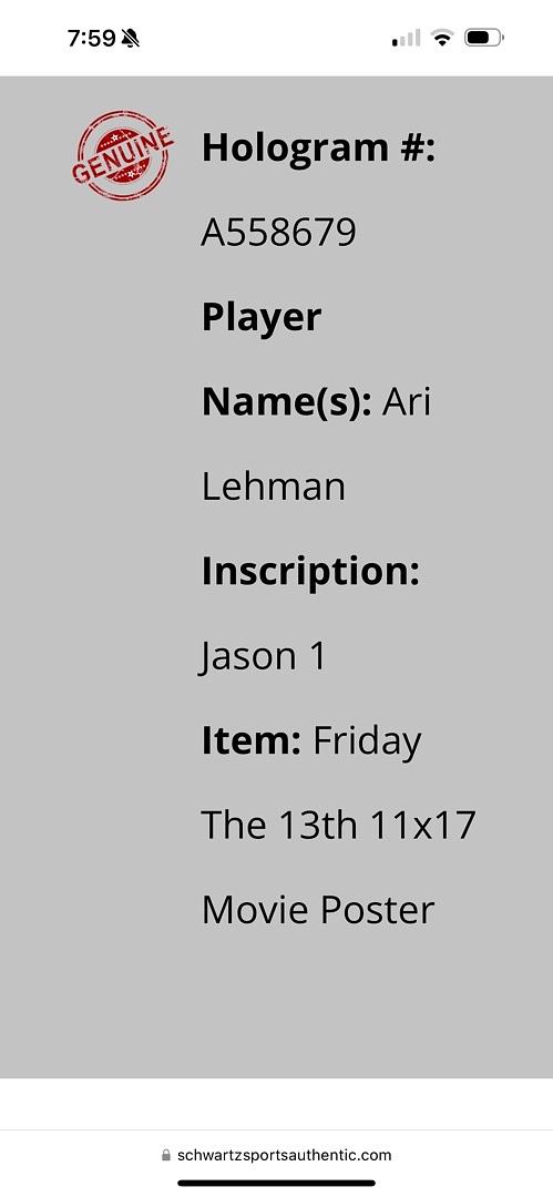 Ari Lehman Signed 11x17 Photo (Friday The 13th) - Schwartz COA