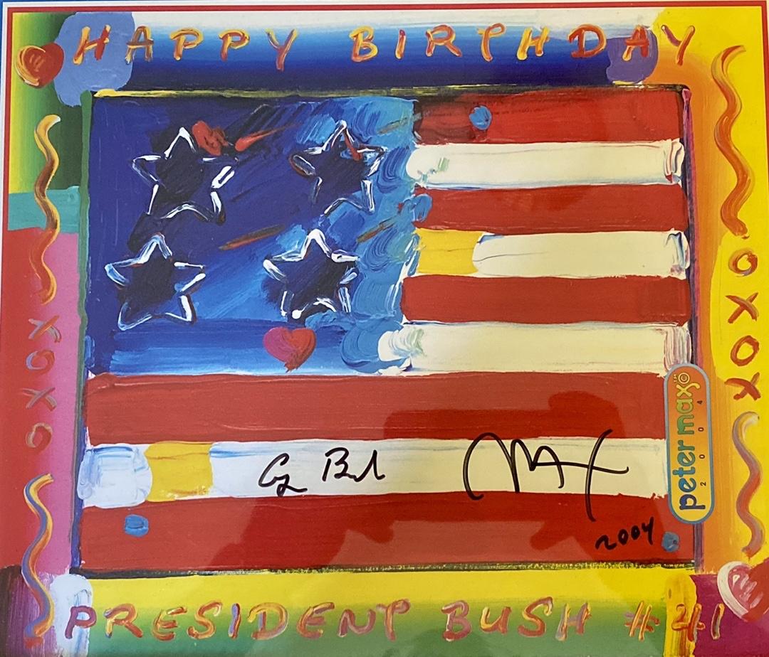 George Bush & Peter Max Signed 80th Birthday Card (41@80) *RARE* - JSA COA