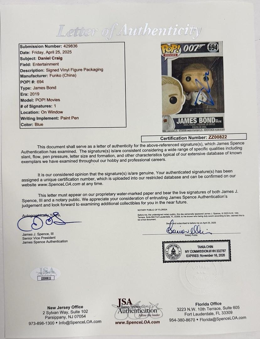 Daniel Craig Signed Funko Pop #694 James Bond (Blue Ink) - JSA COA #1