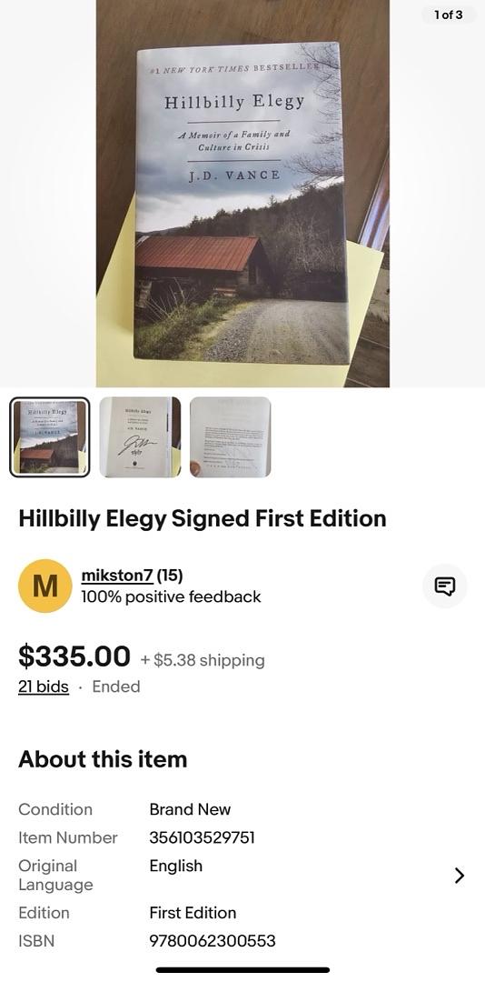 JD Vance (Vice-President) Signed "Hillbilly Elegy" Book #01