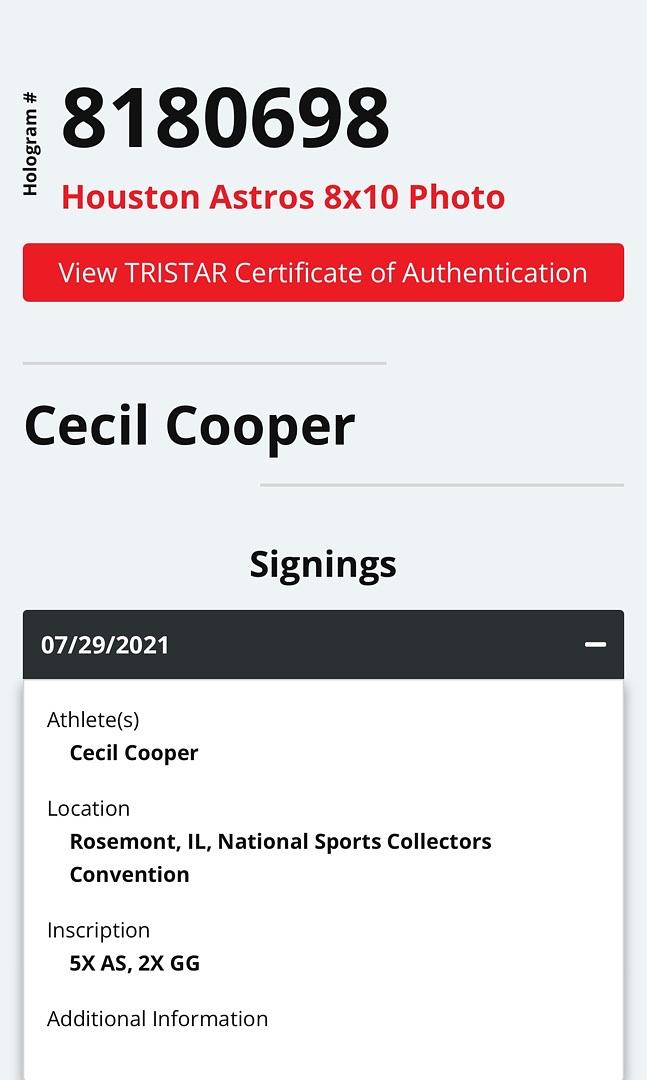 Cecil Cooper Signed 8x10 Photo Houston Astros - TriStar COA