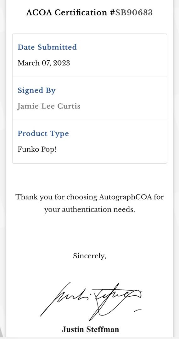 Jamie Lee Curtis Signed Funko Pop #03 Michael Myers Halloween (Orange Ink) - ACOA