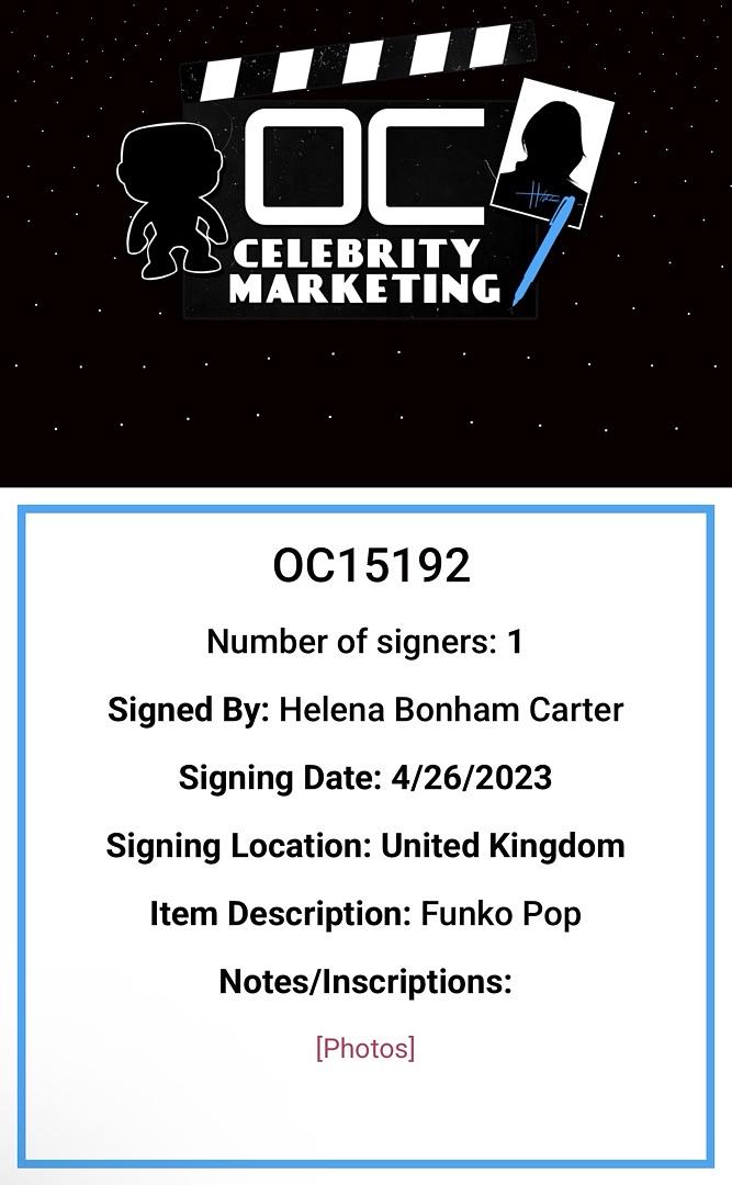 Helena Bonham Carter Signed Funko Pop #35 Bellatrix Lestrange (Harry Potter) - OC Celebrity Marketing #02
