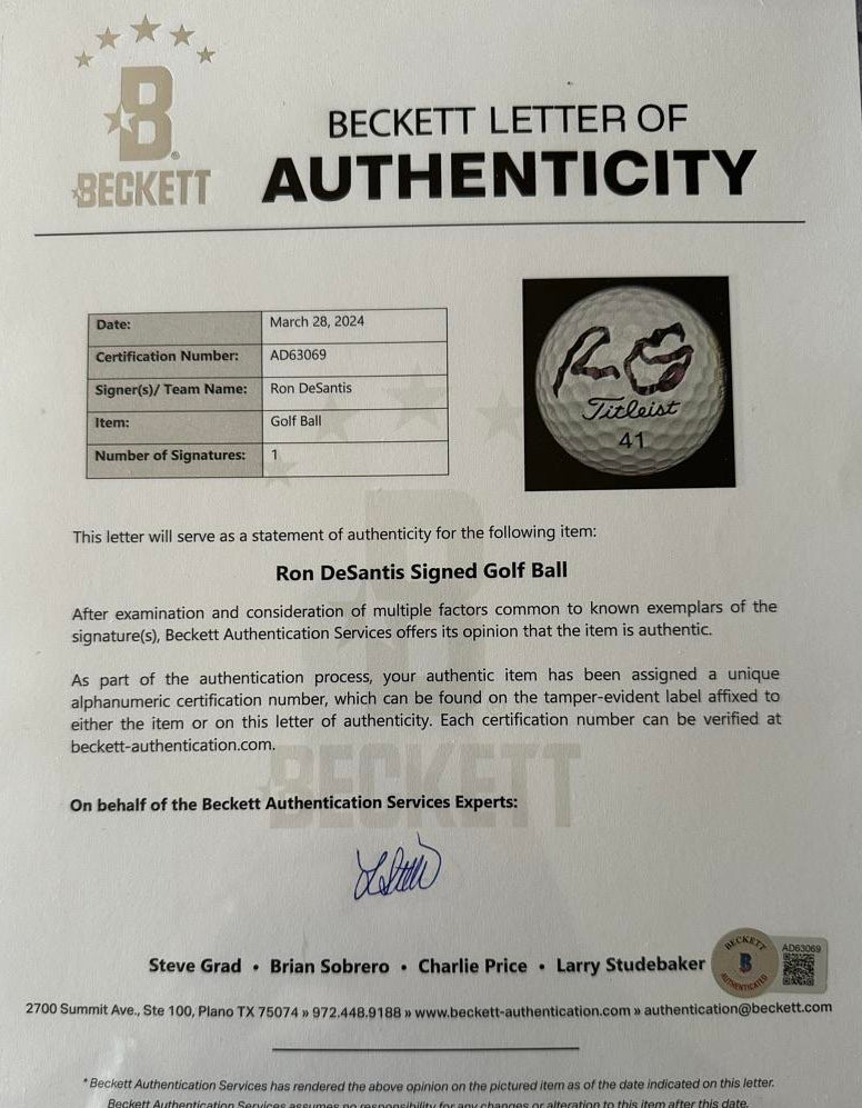 Ron DeSantis Signed Presidential Seal Golf Ball - Beckett COA #02