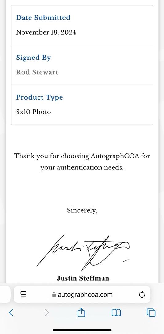 Rod Stewart Signed 8x10 Photo - ACOA