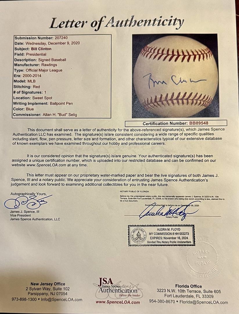 Former President Bill Clinton Autographed Rawlings Official ROMLB (Selig) Baseball JSA COA and full letter of authenticity
