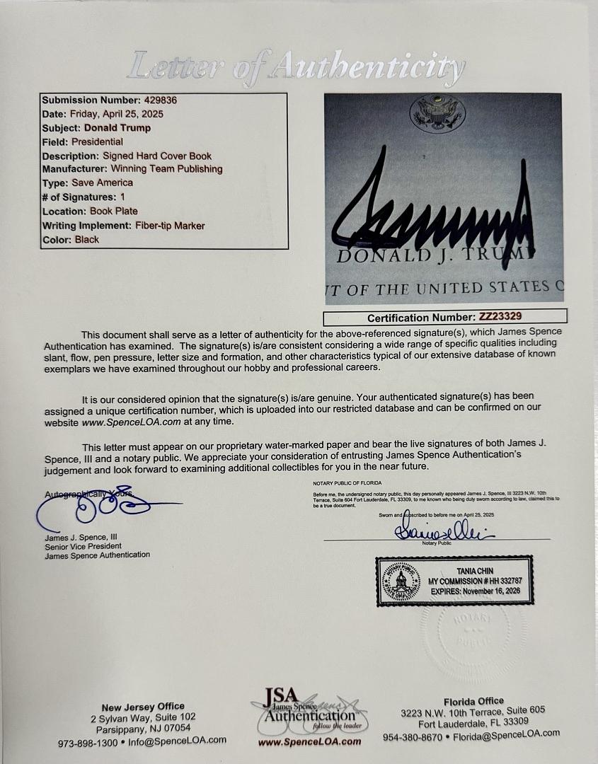 Donald Trump Autographed Save America Book Signed Hardcover - JSA COA #04