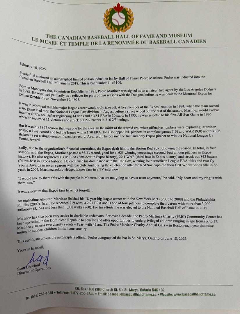 Pedro Martinez Autographed Limited Edition Blonde Canadian Baseball HOF Bat w/Inscription #11/100