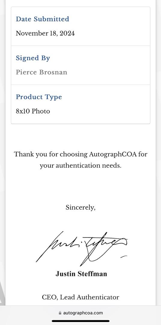 Pierce Brosnan Signed 8x10 Photo (James Bond) - ACOA