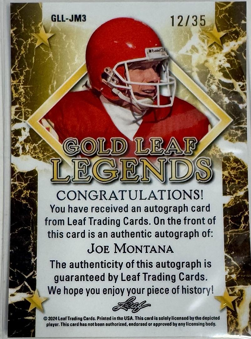 Joe Montana 2024 Leaf Legacy Collection "Gold Leaf Legends" Signed Card #GLL-JM3