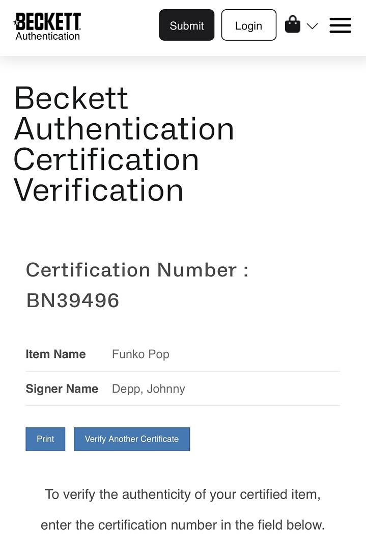 Johnny Depp Signed Funko Pop #1482 Jack Sparrow (Blue Ink) - Beckett COA #2