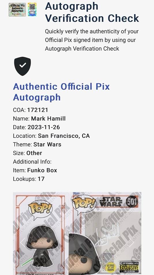 Mark Hamill Signed Exclusive Funko Pop #501 Luke Skywalker / Star Wars - Official Pix COA