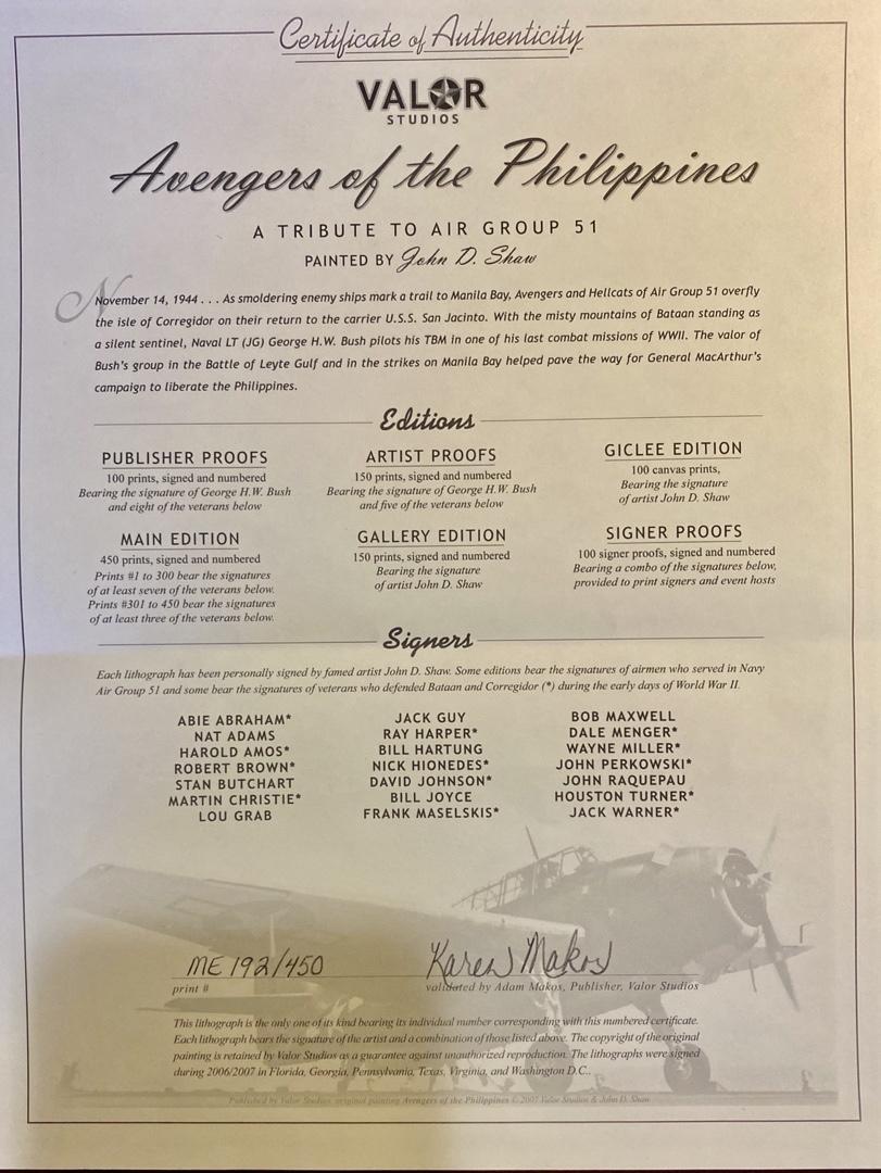 "Avengers of the Philippines" 37x24 limited edition (192/450) print signed by 7 of President George Bush's wingmen