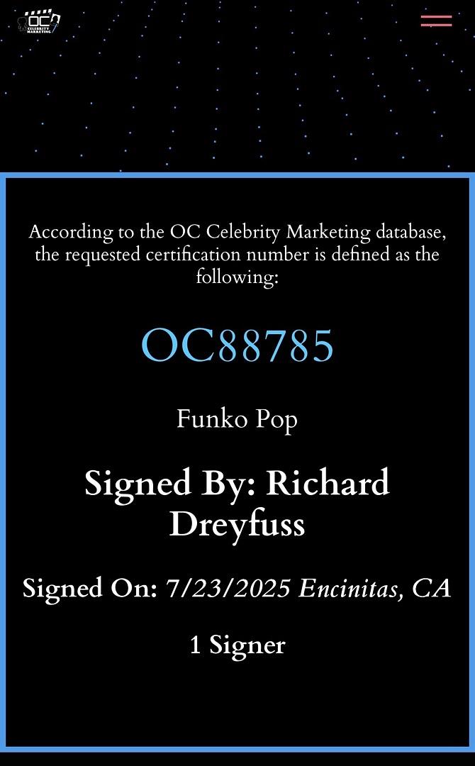 Richard Dreyfuss Signed Funko Pop #1756 Matt Hooper (Jaws) - OC Celebrity Marketing COA