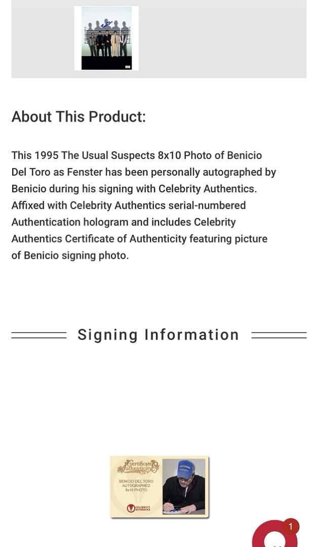 Benicio Del Toro signed 8x10 (The Usual Suspects) - Celebrity Authentics COA