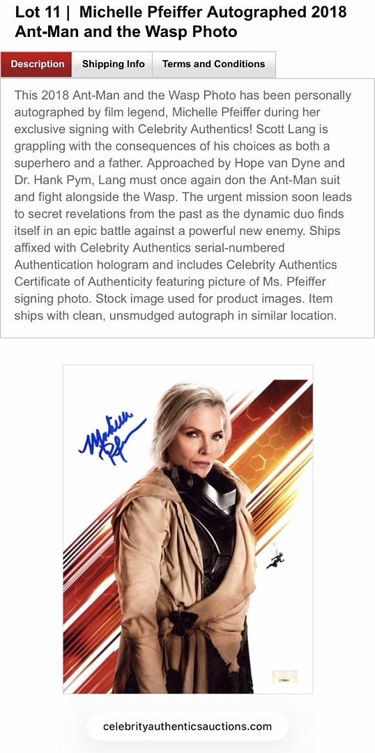 Michelle Pfeiffer signed "Ant Man & the Wasp" 8x10 - Celebrity Authentics COA