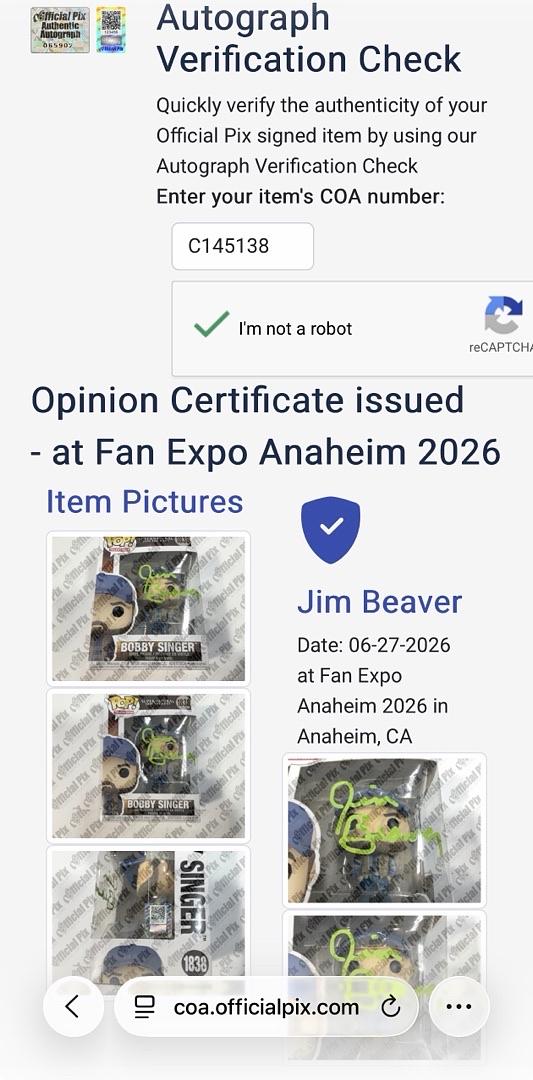 Jim Beaver signed "Bobby Singer" Funko #1838 (Supernatural) - Official Pix COA