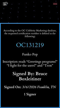 Bruce Boxleitner signed "Tron" Funko #489 w/ 2 quotes & character name - OC Celebrity Marketing
