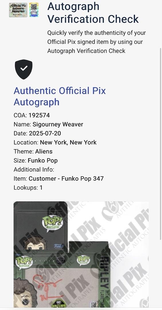 Sigourney Weaver Signed Funko Pop #347 Ripley w/Flamethrower #1