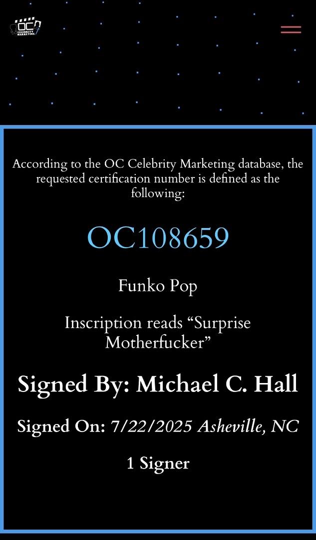 Michael C. Hall signed Funko #1697 w/quote - OC Celebrity Marketing