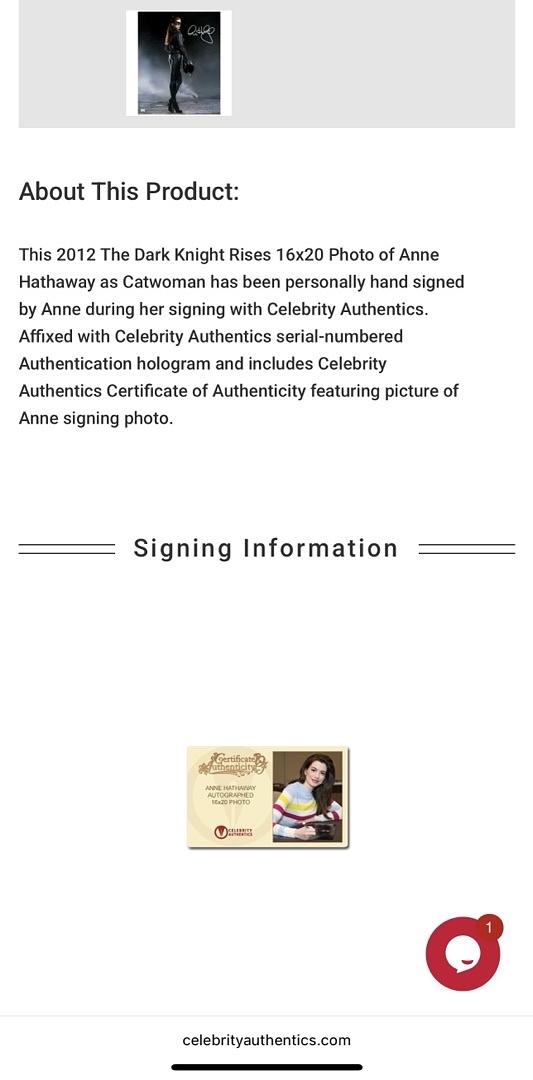 Anne Hathaway sexy signed 16x20 "Batman" - Celebrity Authentics COA