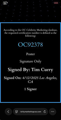 Tim Curry signed "It" 16x20 - OC Celebrity Marketing
