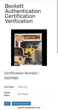 Kurt Russell Signed Funko Pop #851 Wyatt Earp Tombstone (Yellow Ink) - Beckett COA #3
