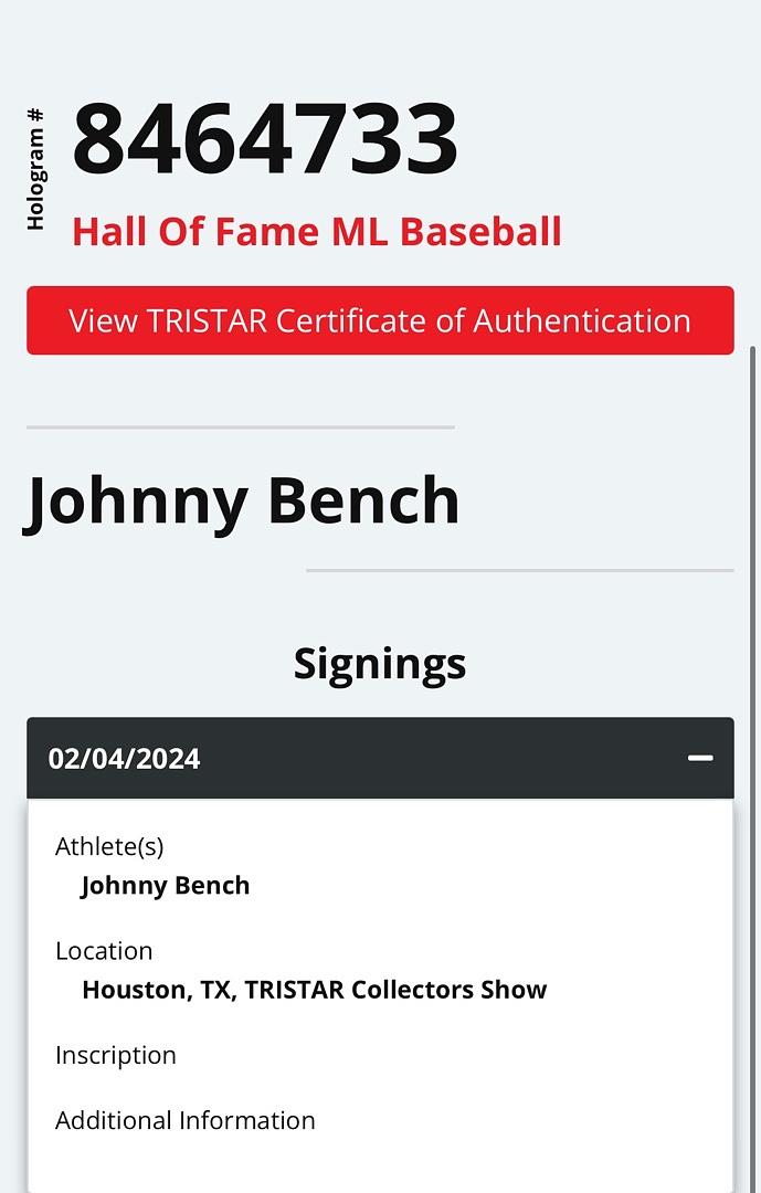 Johnny Bench signed Hall of Fame baseball - Tri-Star COA