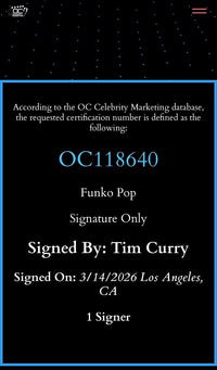 Tim Curry Signed RARE Funko #1834 "Pennywise" (IT: The Movie) - OC Celebrity Marketing COA