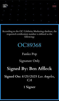 Ben Affleck signed "Batman" Signature Series Funko #88- Beckett/OC Celebrity Marketing COA