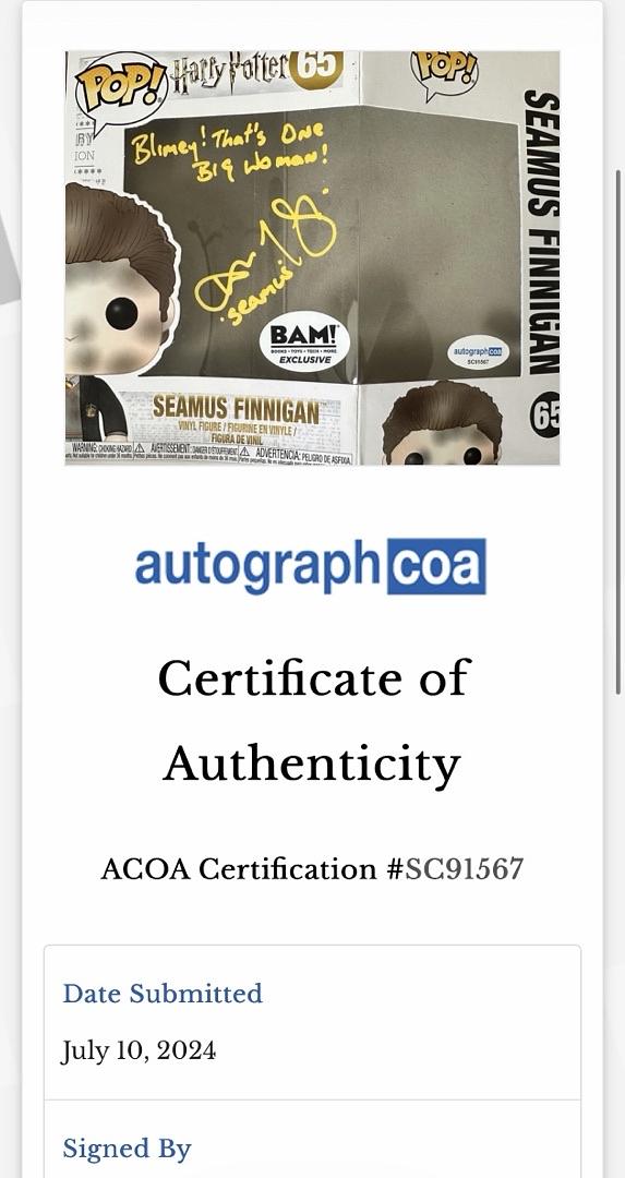 Devon Murray signed Funko Pop #65 "Seamus Finnegan"w/quote (Harry Potter) - ACOA COA