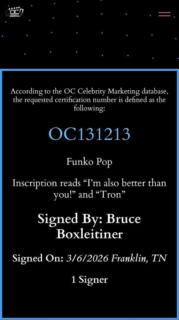 Bruce Boxleitner signed "Tron" Funko #489 w/quote & character name - OC Celebrity Marketing