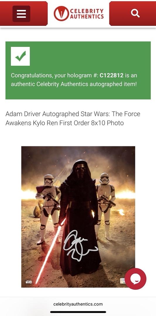 Adam Driver signed 8x10 (Star Wars) - Celebrity Authentics COA