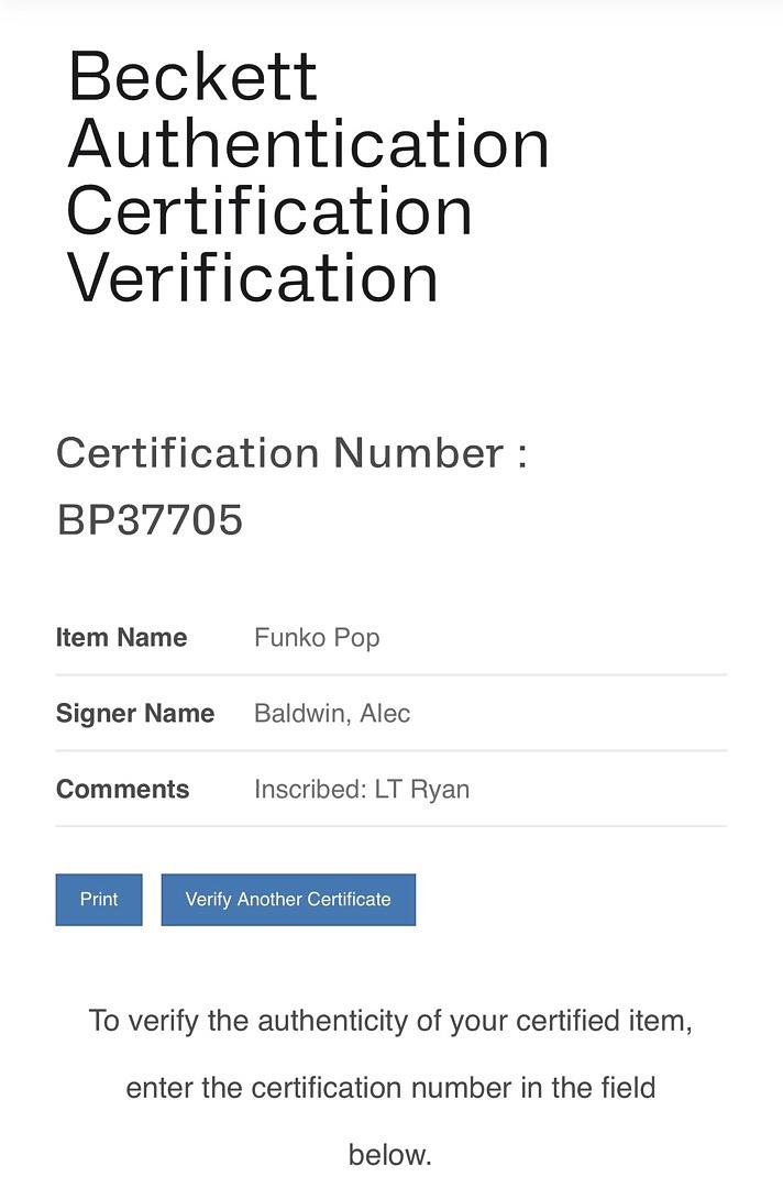 Alec Baldwin signed U.S. Marines Funko (USMC) w/ Lt. Ryan inscription - Beckett COA *RARE*