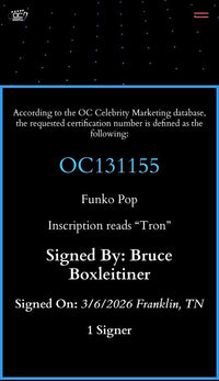 Bruce Boxleitner signed "Tron" Funko #489 w/character name - OC Celebrity Marketing