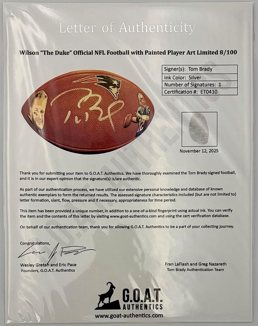 Tom Brady Autographed Custom Hand Painted 1/1 Duke Official Football w/career stats - Fanatics and GOAT COA