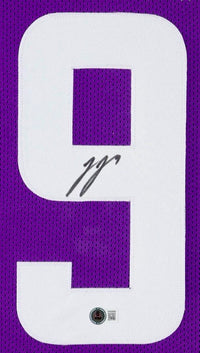 J.J. McCarthy 34x42 signed framed Vikings Jersey - Beckett COA