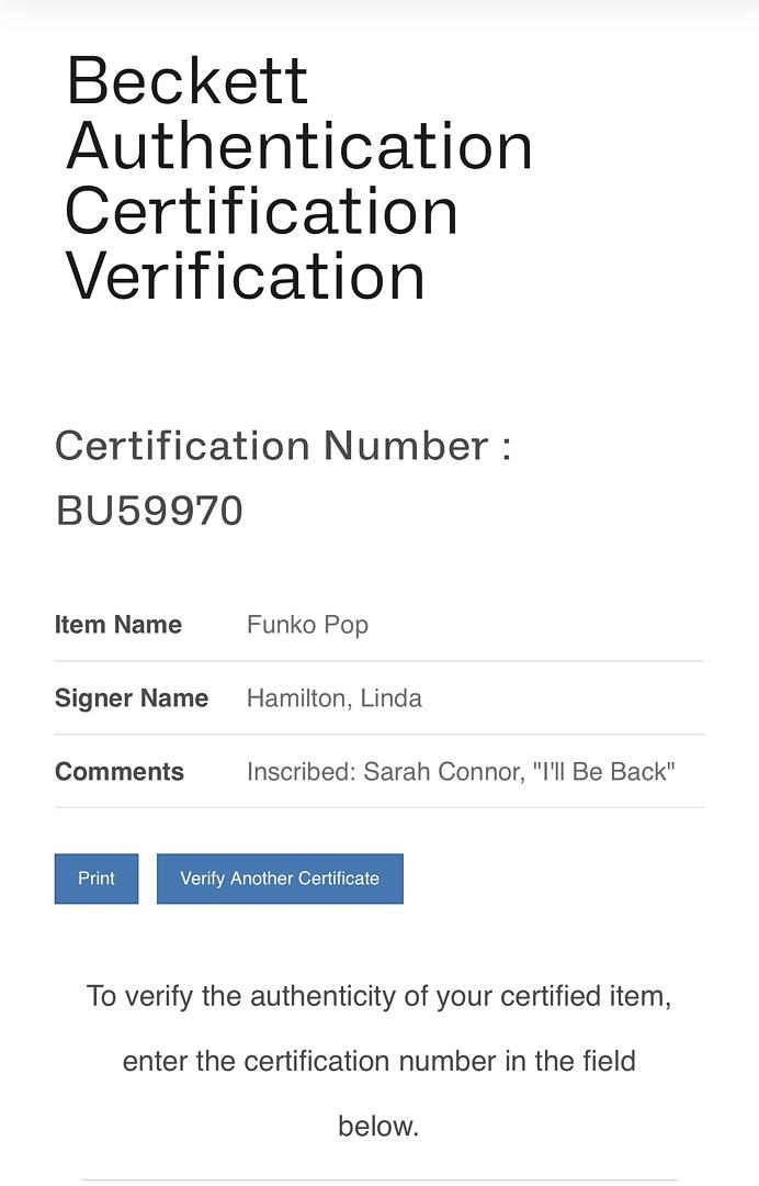 Linda Hamilton Signed Funko Pop #818 Sara Connor (Terminator) w/character name & quote - Beckett COA