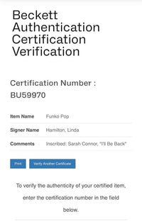 Linda Hamilton Signed Funko Pop #818 Sara Connor (Terminator) w/character name & quote - Beckett COA