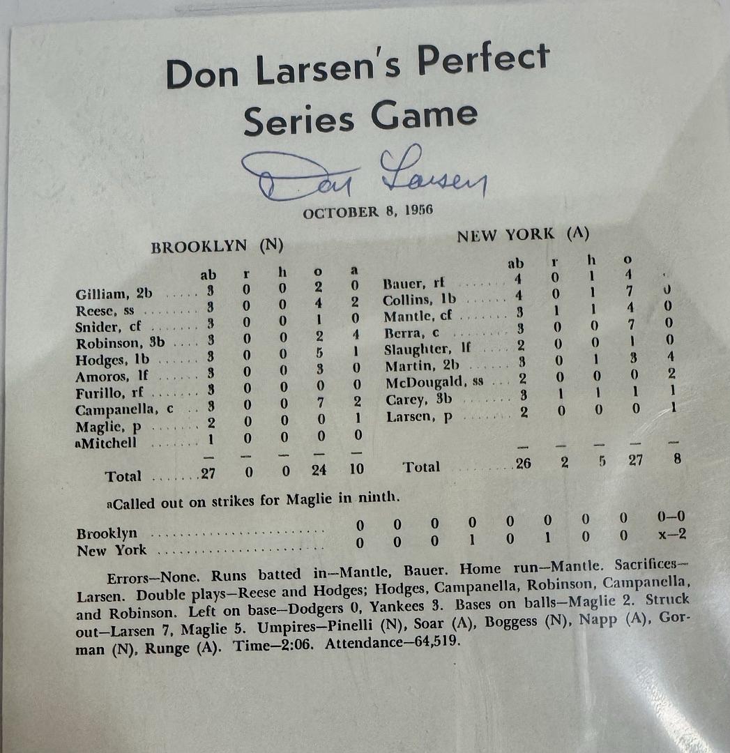 Don Larsen signed encapsulated box score World Series perfect game - Beckett COA