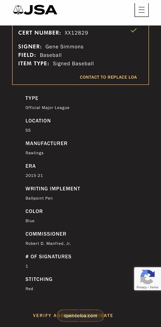 Gene Simmons (KISS) signed ROMLB - JSA COA