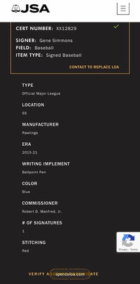 Gene Simmons (KISS) signed ROMLB - JSA COA