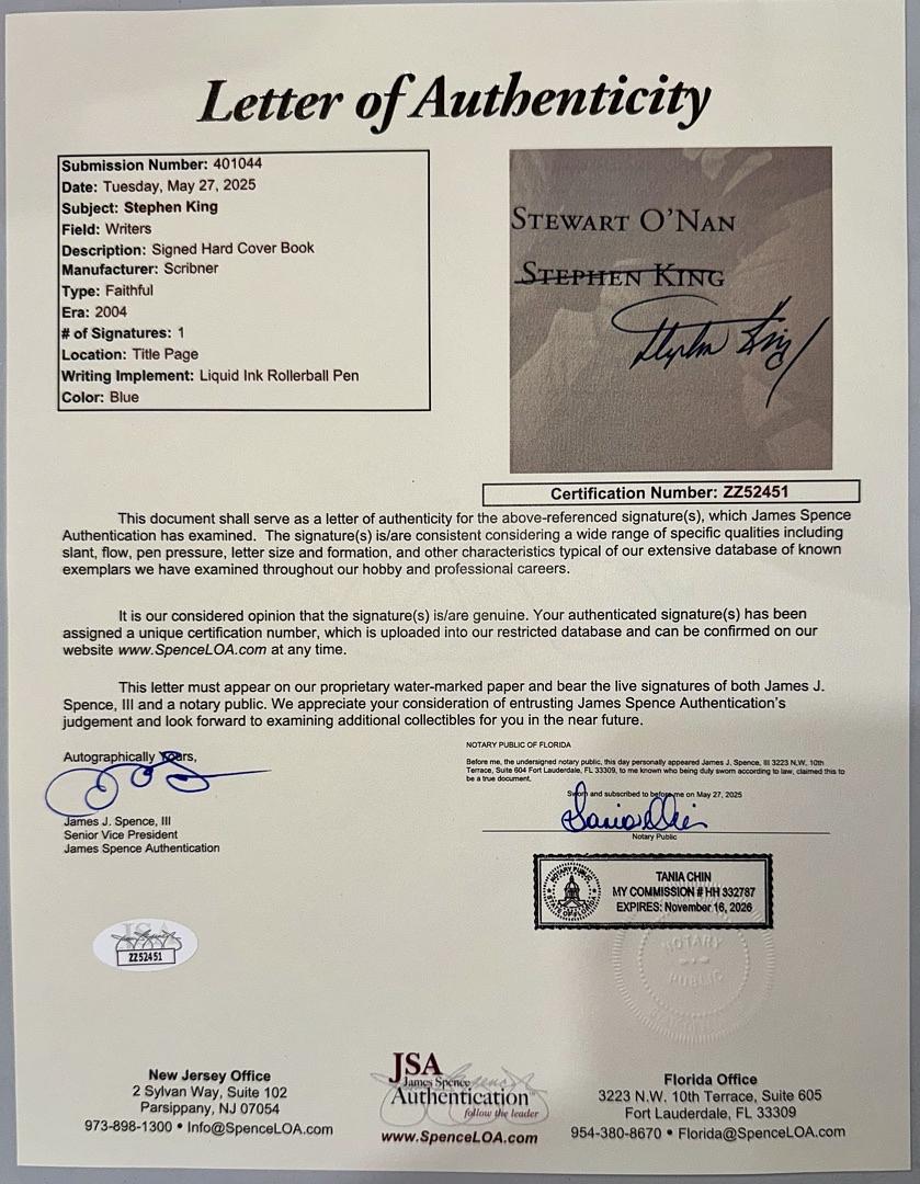 Stephen King Autographed Faithful Red Sox Book - First Edition Signed Copy JSA full letter of authenticity