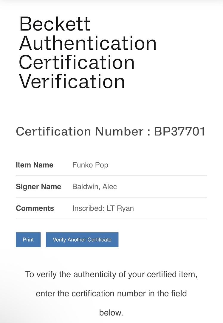 Alec Baldwin signed U.S. Marines Funko (USMC) w/ Lt. Ryan inscription - Beckett COA *RARE*