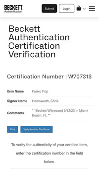 Chris Hemsworth Signed Funko Pop #12 "Thor" Avengers - Beckett COA