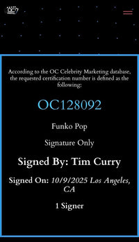Tim Curry signed Funko #1912 "Frank-N-Furter" (Rocky Horror Picture Show) - OC Celebrity Marketing
