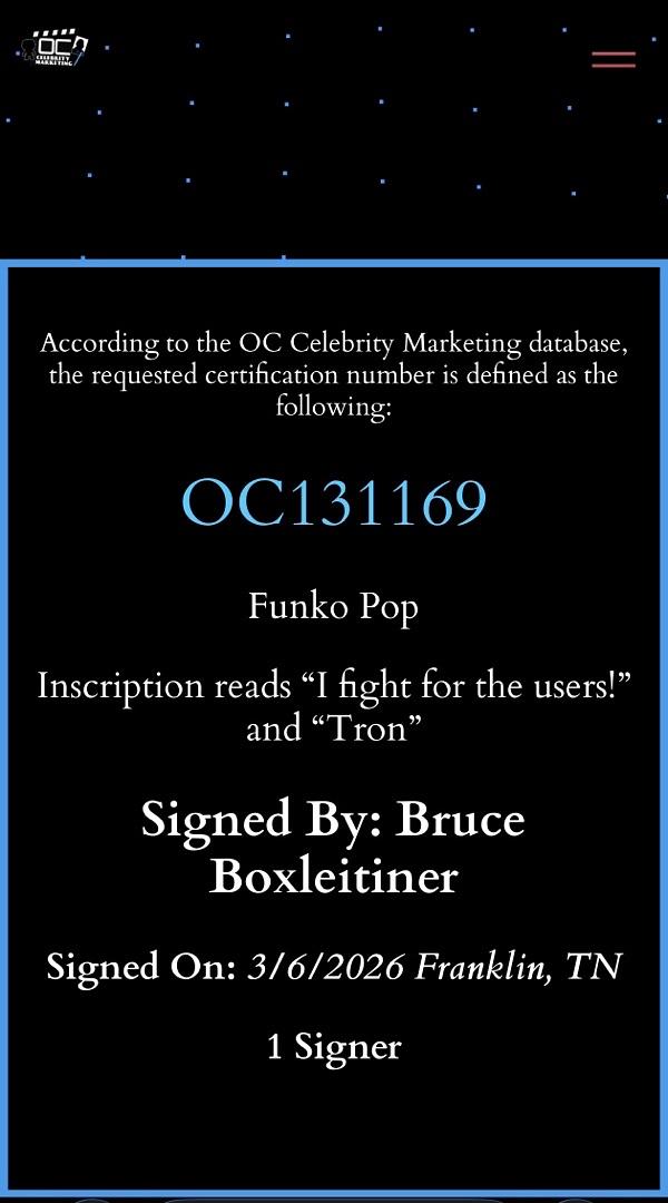 Bruce Boxleitner signed "Tron" Funko #489 w/quote & character name - OC Celebrity Marketing